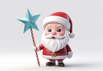 Obraz premium 3D cute kawaii Santa Claus with a magic Christmas sparkle wand, isolated on a white background