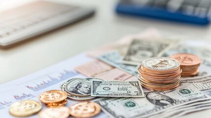 Fototapeta premium close-up shot of diverse currencies and investment charts laid out on a professional desk, symbolizing effective financial risk management and investment strategies, with a blurred background