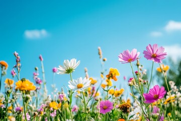 Fototapeta premium Colorful Wildflowers Against a Blue Sky
