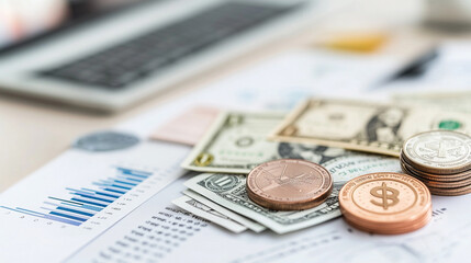 Fototapeta premium close-up shot of diverse currencies and investment charts laid out on a professional desk, symbolizing effective financial risk management and investment strategies, with a blurred background