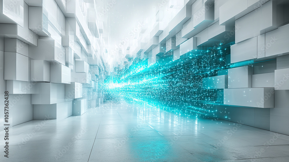 Aufkleber exploring a futuristic corridor illuminated by sparkling light and geometric shapes