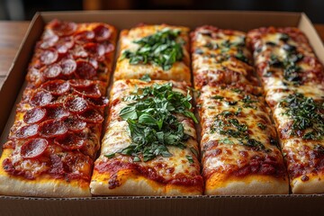 A box of assorted pizzas featuring pepperoni and various herb toppings.