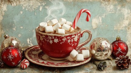 Fototapeta premium A steaming cup of hot cocoa with marshmallows, a candy cane, and festive ornaments, evoking a cozy winter atmosphere.