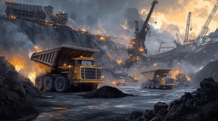 An industrial scene of a coal mine surface operations, with large dump trucks being loaded