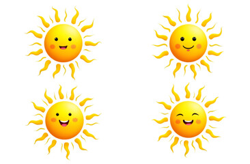 A collection of four cartoon suns with varying facial expressions, including happy, laughing, surprised