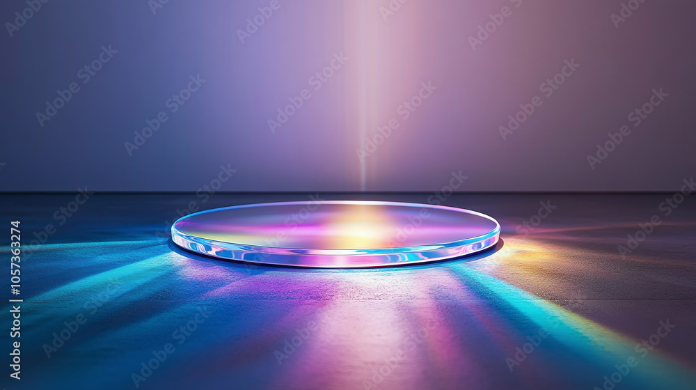 Poster a mesmerizing display of colorful light emanating from a circular glass platform in a serene space