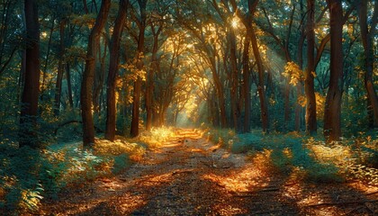 Obraz premium Sunbeams Illuminating a Path Through a Dense Forest