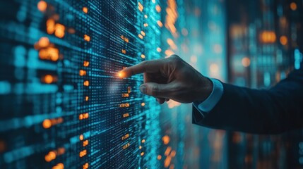Close-up of businessman interacting with a futuristic digital screen, selecting data, high-tech innovation, virtual reality interface, information technology, futuristic business environment, advanced