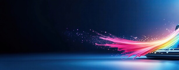 A conceptual drawing of a modern digital printing machine, sleek and futuristic, with vibrant ink colors splashing around, high definition 8K