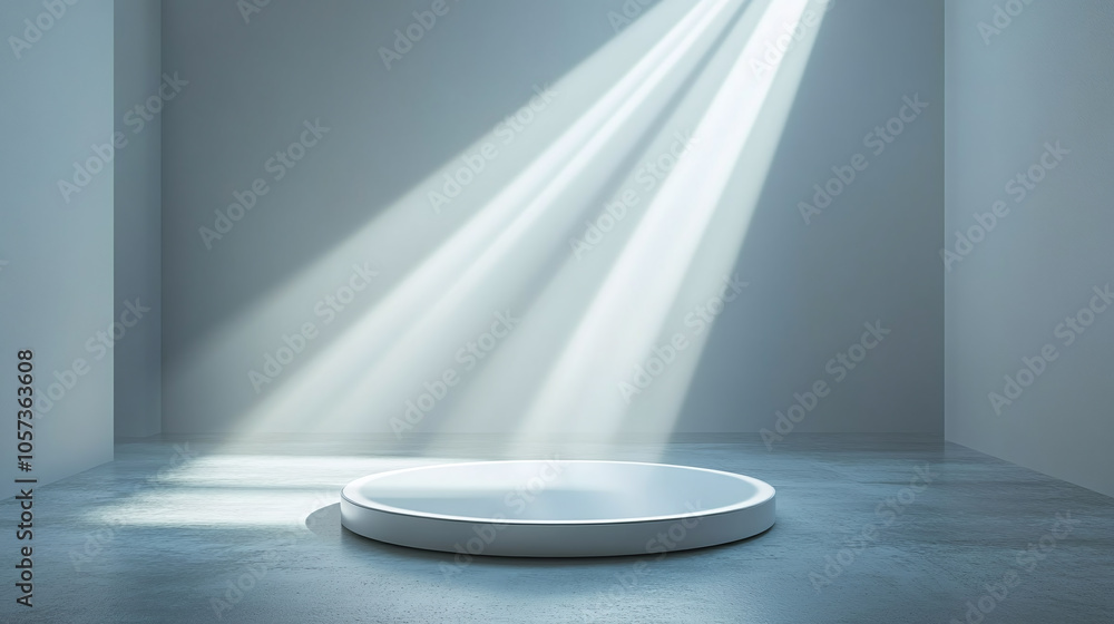 Poster a minimalist space with soft light illuminating a circular platform in a serene room