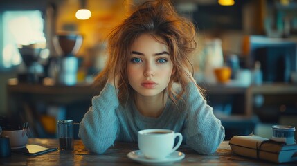 Young woman with red hair staring intently while holding a cup of coffee in a cafe, morning mood with messy hair and natural lighting, coffee focus