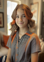 A young female caucasian teenager with red hair, looking at the camera whit a sweet smile