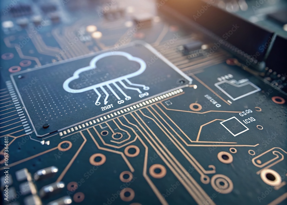 Poster cloud computing technology concept with circuit board - macro photography for digital innovation and
