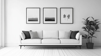 A white couch with three black pillows sits in a room with a black