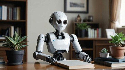 Humanoid robot with books at home