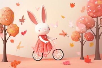 Whimsical autumn bunny on bicycle