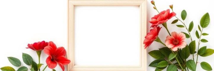 Summer mockup beige frame with red flower on the top left corner, perfect for adding text or graphics, nature, concept