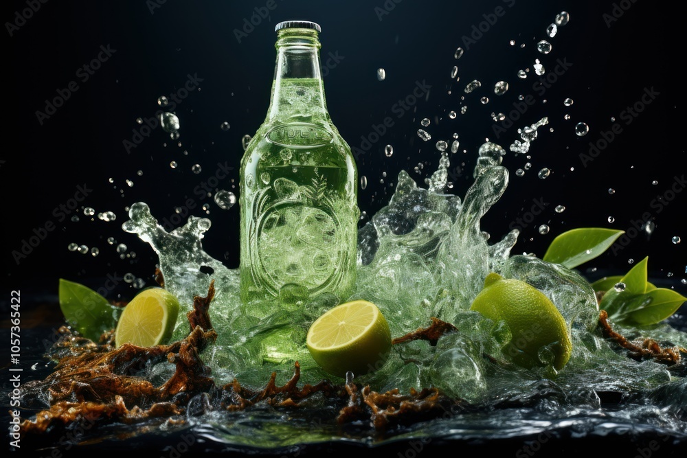 Poster a refreshing drink bottle surrounded by splashing water and lime slices.