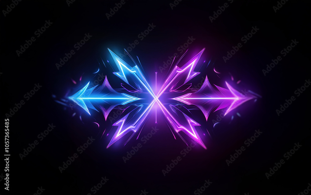Aufkleber A vibrant abstract design with a symmetrical pattern formed from glowing blue and purple arrows on a black background.