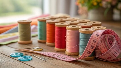 Colorful Sewing Threads on Spools with Measuring Tape for Crafting Enthusiasts
