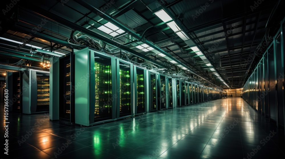 Aufkleber a modern data center with rows of servers illuminated by green lights.