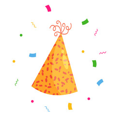 Party hat illustration for holiday celebration, birthday celebration, anniversary party with colorful confetti sparkle. Isolated on white background.