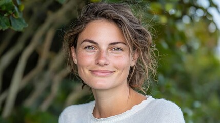 Naklejka premium A bright smile in nature captivating portrait of a young woman enjoying the outdoors amidst lush greenery