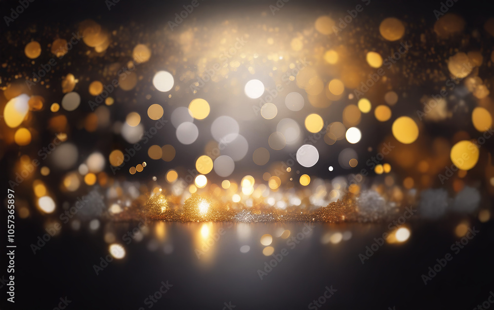 Poster A dark background with a spotlight shining from the top, creating a bokeh effect of golden and white circles.