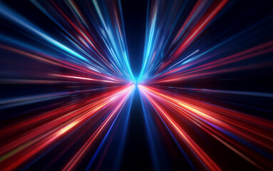 Abstract depiction of speed and motion with streaks of red and blue light converging in the center against a dark background.