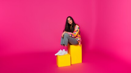 Obraz premium Woman is sitting on a stack of yellow boxes