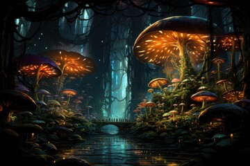 A mystical forest with glowing mushrooms and a serene bridge over a tranquil stream.