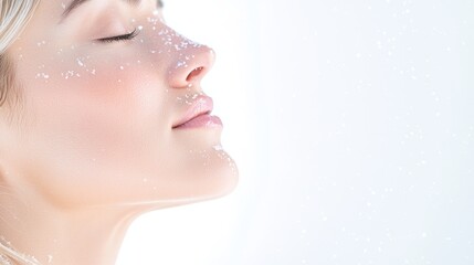 A serene portrait of a young woman with snowflakes gently falling on her face capturing the essence of winter beauty and tranquility