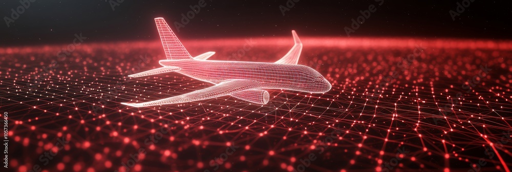Aufkleber airplane network connection lines on red technology background, data travel concept. 3d rendering