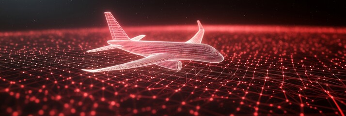 Airplane Network Connection Lines On Red Technology Background, Data Travel Concept. 3D Rendering