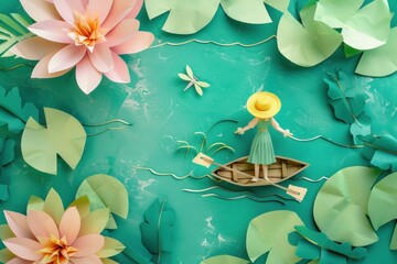 Paper art crafted scene with a woman on a boat fishing amongst colorful water lilies, showcasing creativity and tranquility Bright greens and pinks enhance visual appeal