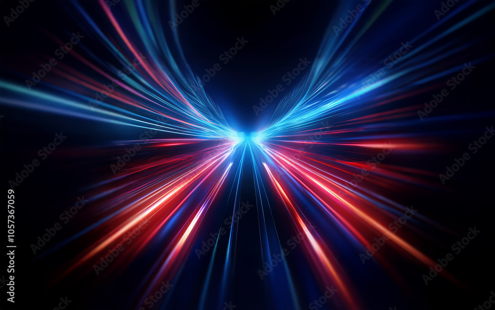 Poster a dark background with streaks of red and blue light converging in the center, creating a sense of s