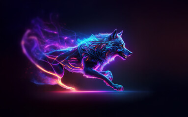 A glowing wolf runs through a dark, neon-colored landscape, with bright trails of light behind it.