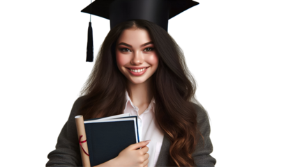           Smiling young female college student wearing square academic cap and holding book, isolated on transparent background.