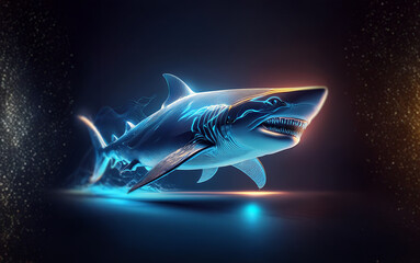 A digital rendering of a shark, its form glowing with a blue and orange light, swims through a field of sparkling particles.