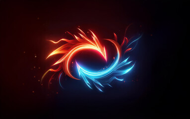 Abstract illustration of two opposing forces swirling around each other, with one force represented by a blue flame and the other by a red flame.