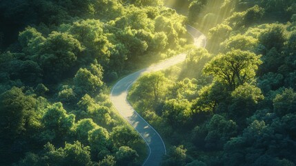 High-angle view of a beautiful winding road through a lush forest, sunlight streaming