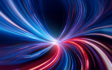 Obraz premium Abstract digital art with swirling lines of light in red, blue, and white, emanating from a central point.