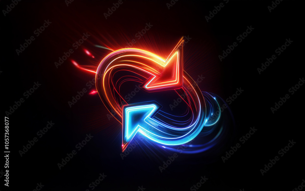 Poster two glowing arrows in opposite directions forming a circular pattern, with red and blue light trails