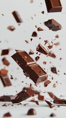Explosive delight: Milk chocolate bar shatters mid-air, creating a mesmerizing display of rich, velvety shards and crumbs against a soft white backdrop.