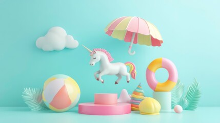 A 3D render showing a falling summer element, including a unicorn, beach ball, umbrella, hat, and a pastel display podium stand.