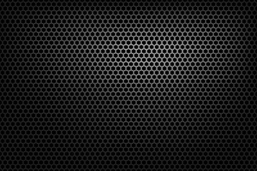 Black perforated metal background texture vector design. Detailed close-up of a black metal mesh with a hexagonal pattern and gradient lighting effect, perfect for industrial design, architecture