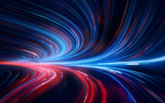 Abstract illustration of vibrant red and blue light trails creating a dynamic and futuristic composition.