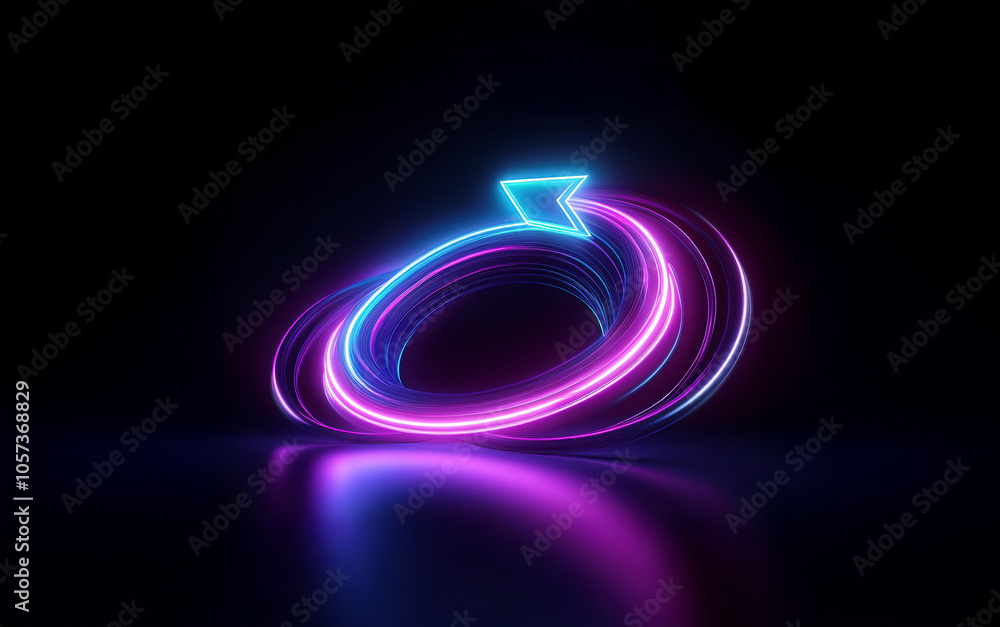 Poster a glowing neon blue arrow points upwards as it spirals around a pink neon ring. the object is reflec