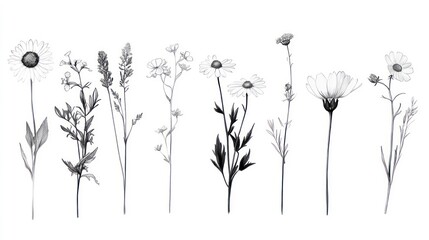 A black and white clipart bundle of wildflowers, a daisy and chamomile flower, botanical floral isolated elements, and modern meadow flowers