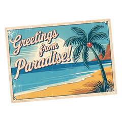 Vintage postcard with palm tree and beach evokes summer vacation and tropical paradise  